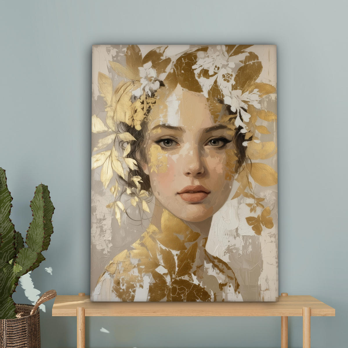 LEINWANDBILD Gesicht - Frau - Blätter - Gold Wandbild Wohnzimmer 60x80 cm - Beige, Textil (60/80cm) - MuchoWow