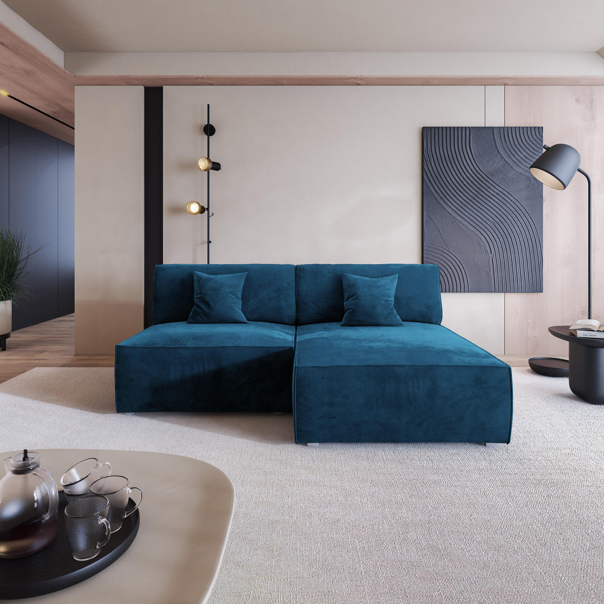 ECKSOFA FIORO M Blau Velours-Stoff mit Schlaffunktion - Blau/Grau, Holz/Kunststoff (204/148cm) - MASSENO