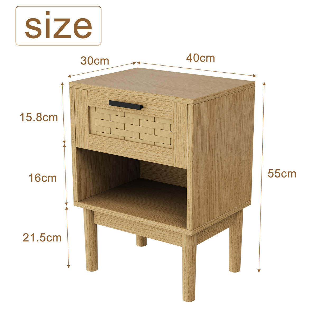 NACHTTISCH 2er Set Holz Rattan Schublade offenes Fach Eiche - Naturfarben, Holz (30/55/40cm) - LEBENLANG