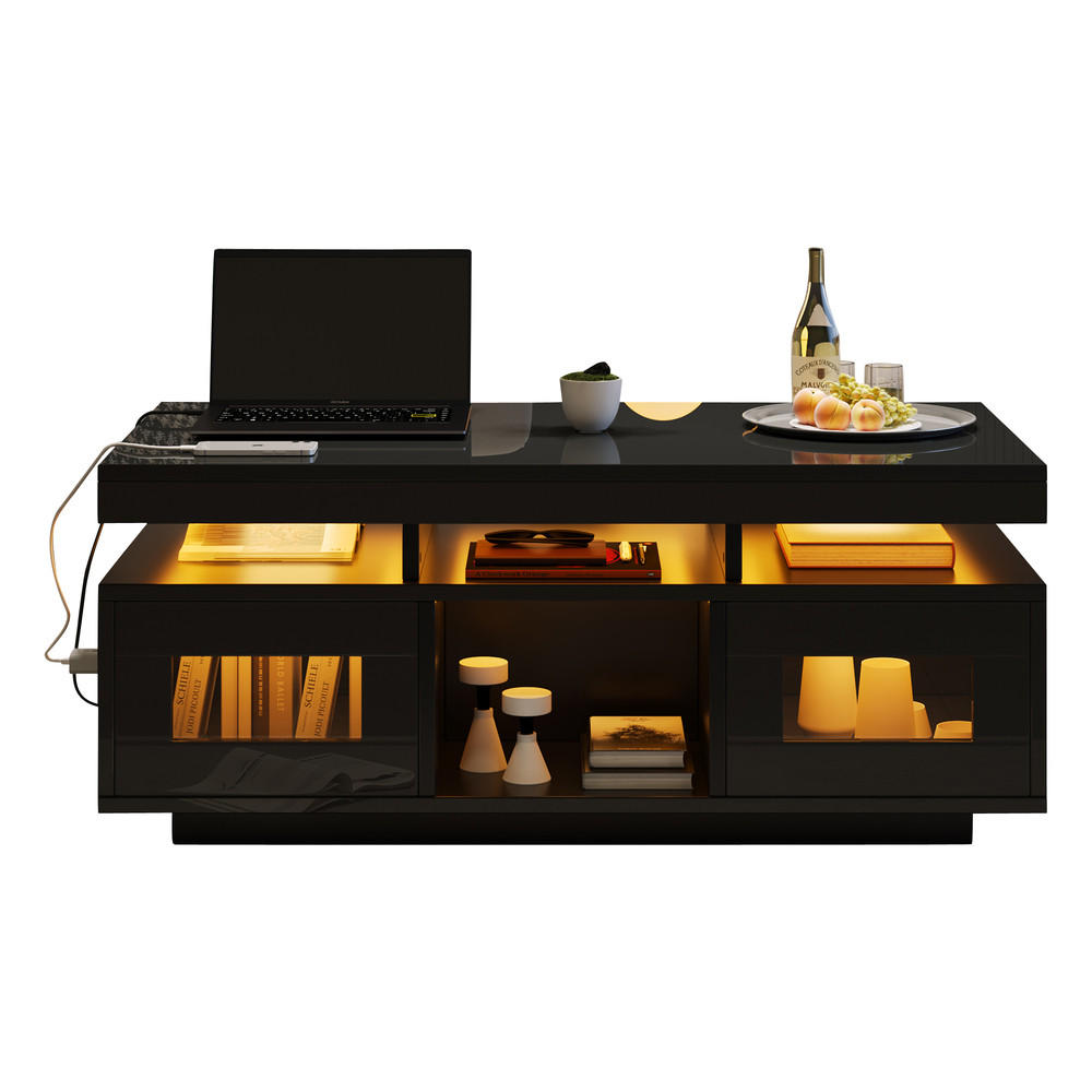 COUCHTISCH 100x50cm Schwarz Hochglanz LED App 2 USB Steckdose Schrank - Schwarz, Holz (109.86/59.06/15.24cm) - FLIEKS