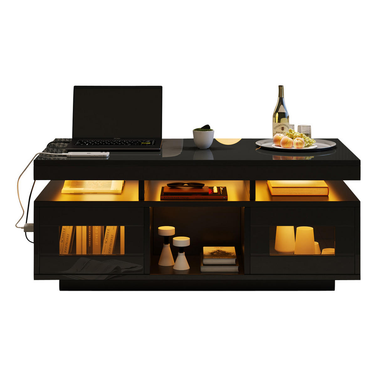 COUCHTISCH 100x50cm Schwarz Hochglanz LED App 2 USB Steckdose Schrank - Schwarz, Holz (109.86/59.06/15.24cm) - FLIEKS