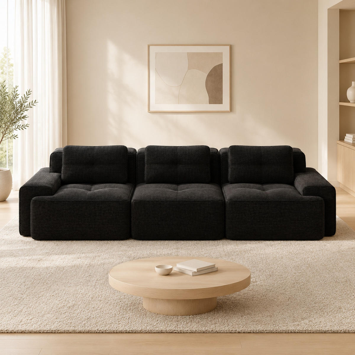 MODULARES Ecksofa mit Cordbezug in Schwarz 293x104x69 cm, tiefe Sitzfläche, ohne Montage - Schwarz, Textil (104/293cm) - IVMEU