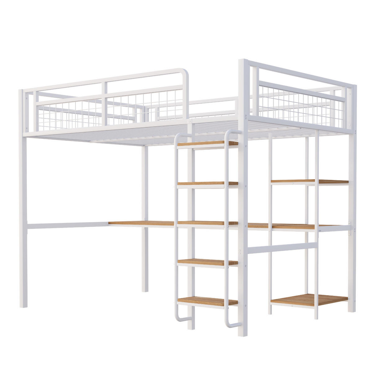 HOCHBETT 140/200 cm Weiß aus MDF und Metall mit Tisch und Regal - Weiß, Metall (140/200cm) - OKMYHOME