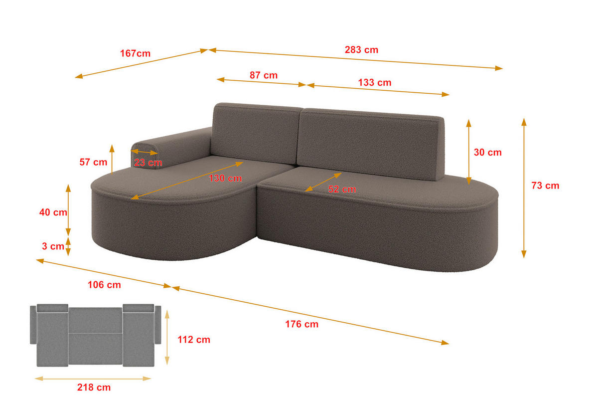 ECKSOFA mit Schlaffunktion und Bettkasten Ottomane Links MARI-L1-S - 283x167x73 cm Braun Bouclé - Schwarz/Braun, Holzwerkstoff/Kunststoff (283/167cm) - ALTDECOR