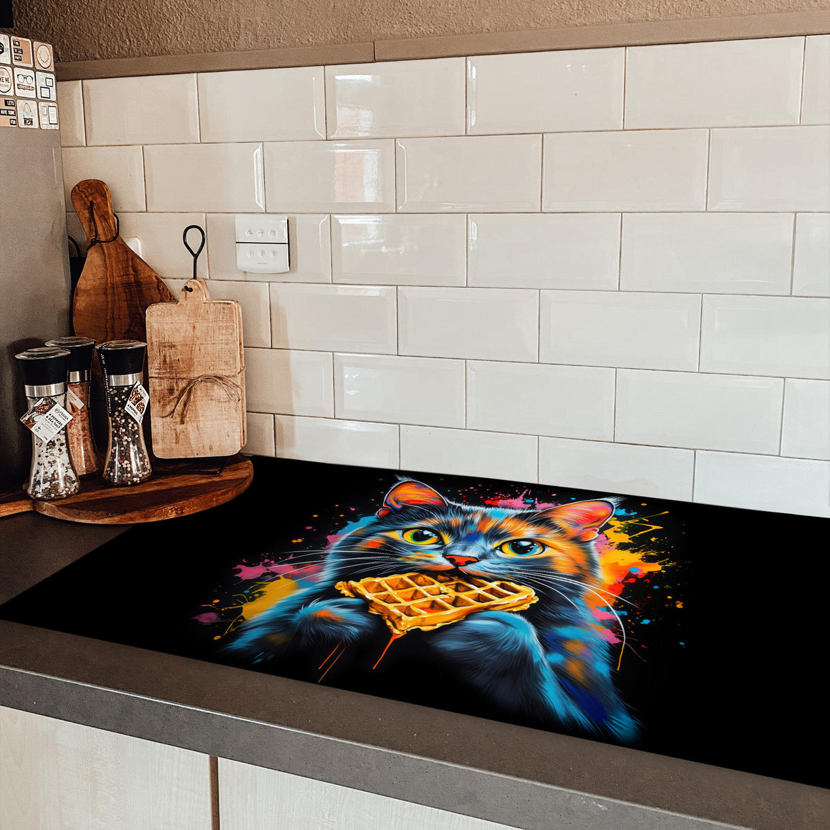 HERDABDECKPLATTE Katze - Graffiti - Bunt - Waffel - Essen Induktionsschutz 91.2x52 cm - Multicolor, Kunststoff (91.2/52/0.2cm) - MuchoWow