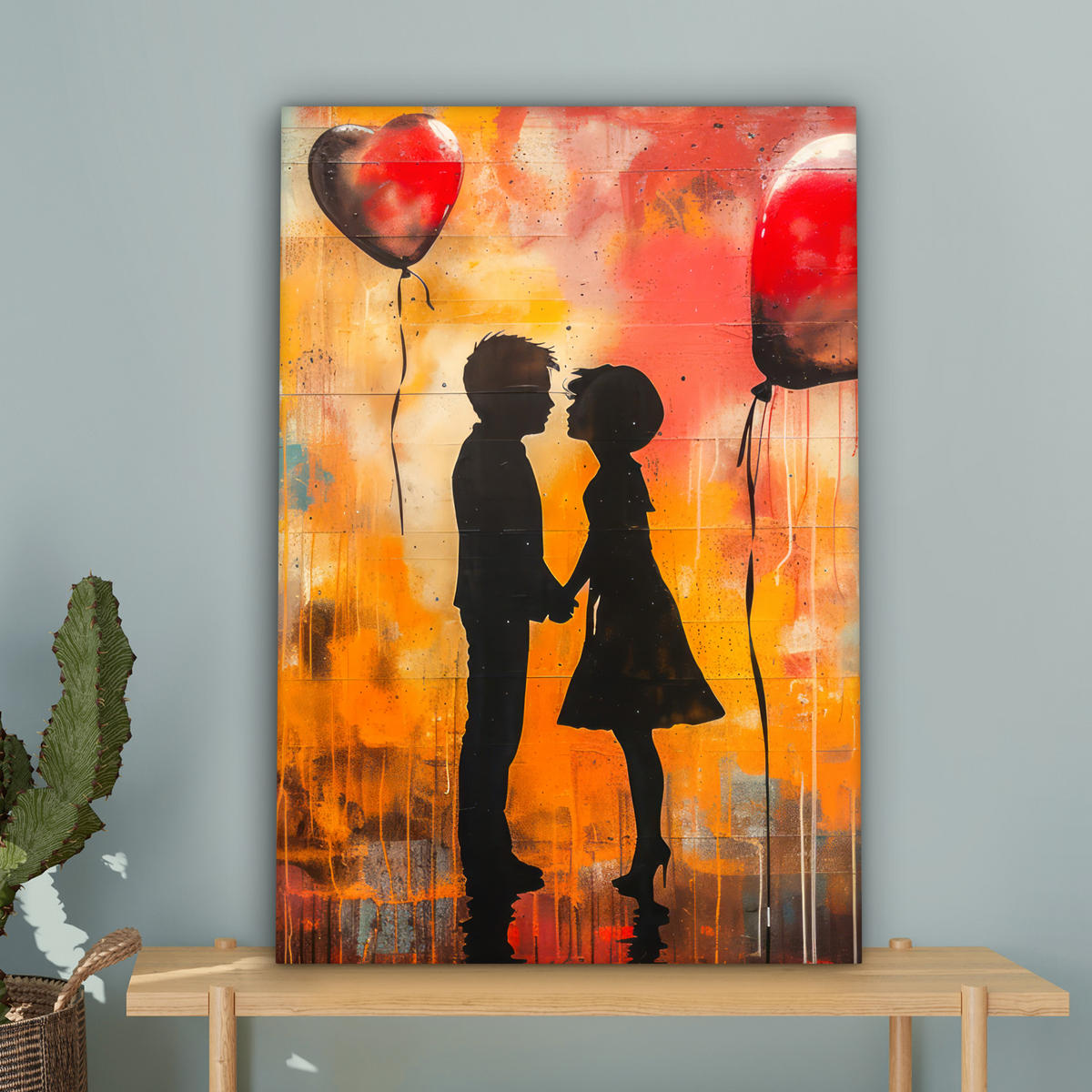 LEINWANDBILD Straßenkunst - Liebe - Graffiti - Kunst - Banksy Wanddeko Schlafzimmer 60x90 cm - Orange, Textil (60/90cm) - MuchoWow