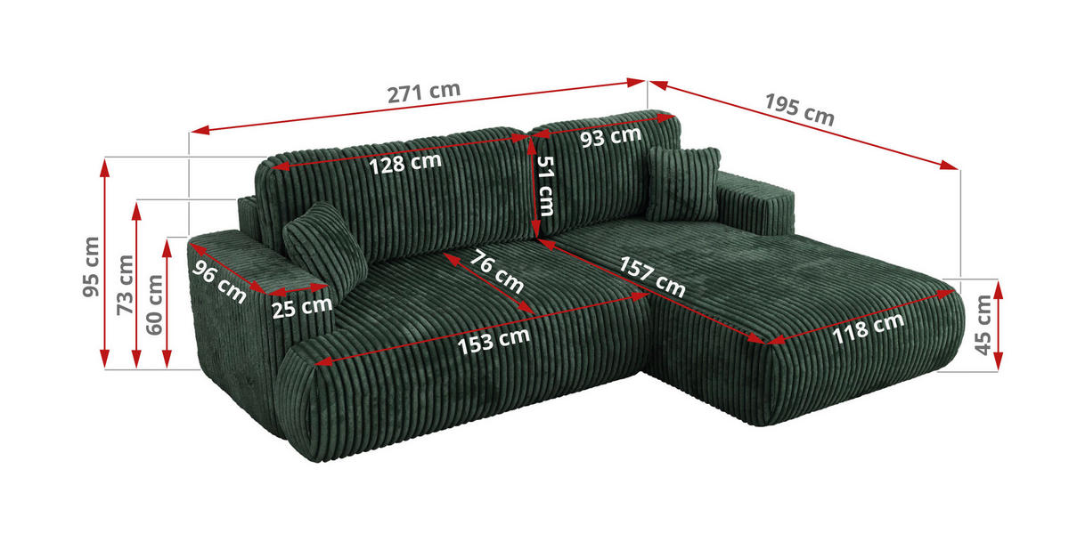 ECKSOFA OVO L Grün Cord - Links Seite - Schwarz/Grün, Kunststoff/Textil (271/195cm) - MKS