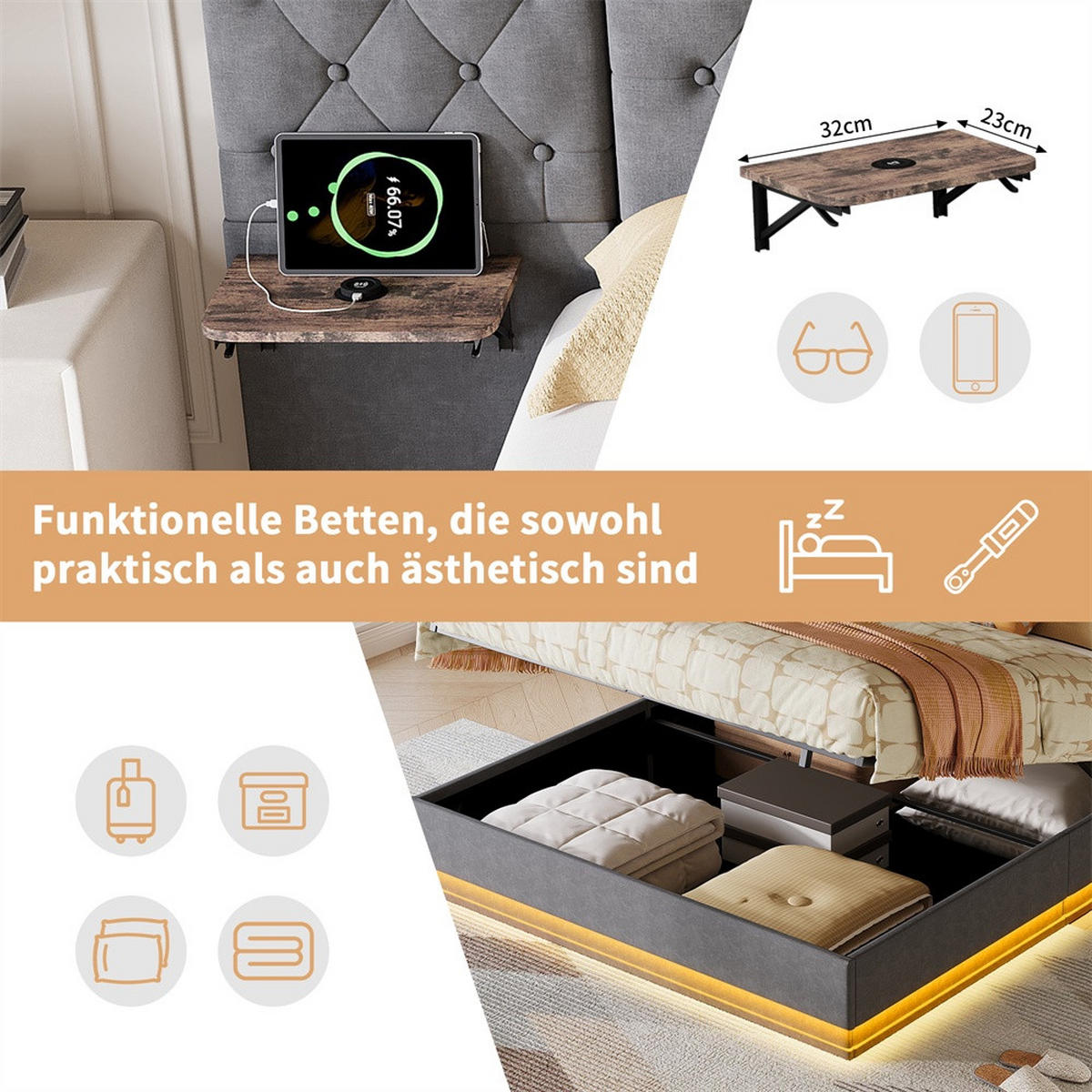 POLSTERBETT 160x200cm mit USB- & Type-C Ladeanschluss -Hydraulik-Stauraum und LED-Beleuchtung - Grau - Grau, Textil (160/200cm) - DELFA