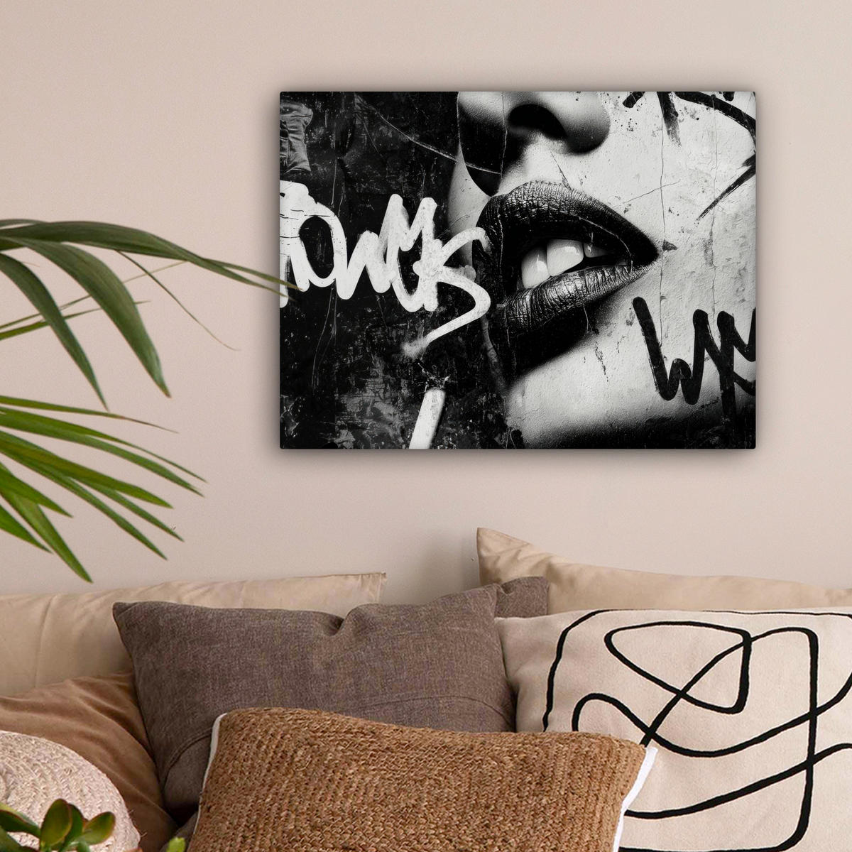 LEINWANDBILD Gesicht - Mund - Graffiti - Schwarz Wandbild 40x30 cm - Schwarz, Textil (40/30cm) - MuchoWow