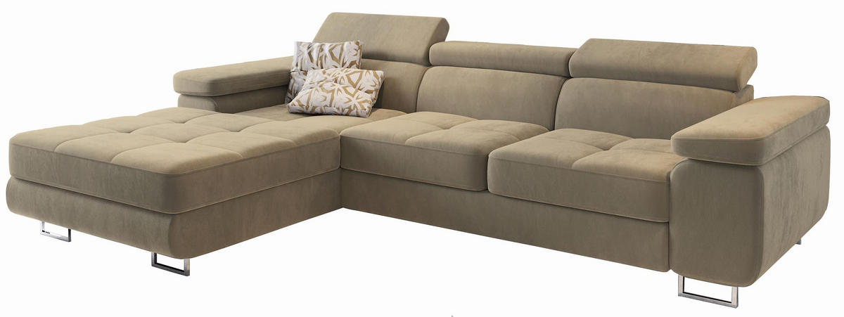 ECKSOFA ELMA L-S Creme Velours-Stoff mit Schlaffunktion - Creme, Holz (280/205cm) - MASSENO