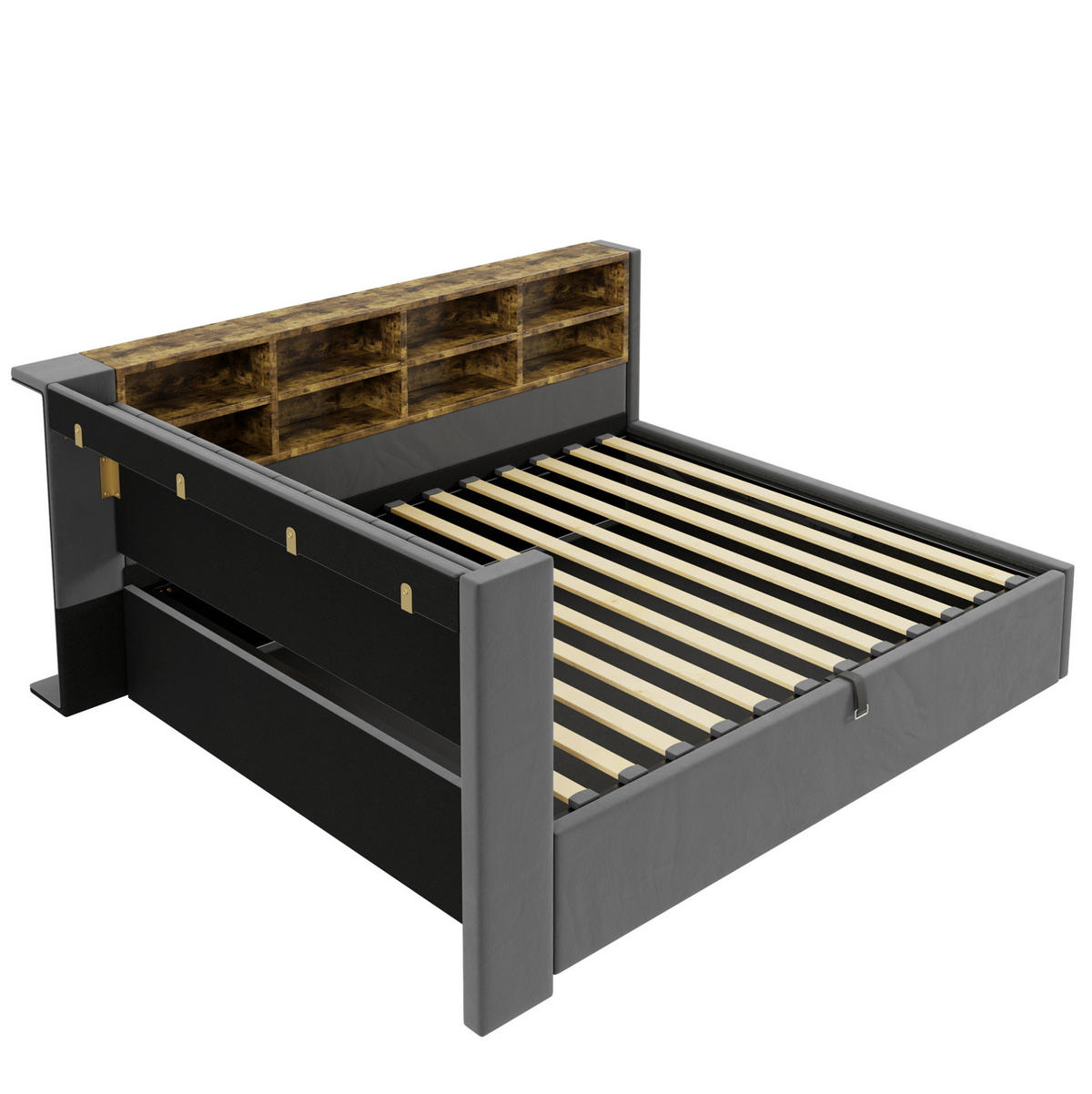 POLSTERBETT Schlafsofa aus Samt 140x200 cm Dunkelgrau mit Hydraulik-Stauraum, Nachtlicht, USB- und Typ-C-Anschlüssen - Grau, Textil (140/200cm) - Modfu