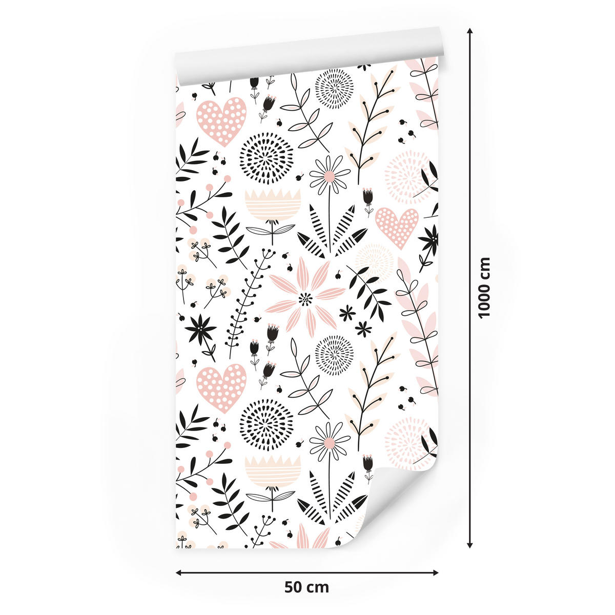 VLIESTAPETE Blumen, Herzen und Blätter – Rosa, Grau, Weiß – 50x1000 cm - Rosa/Weiß, Papier (50/1000cm) - Muralo
