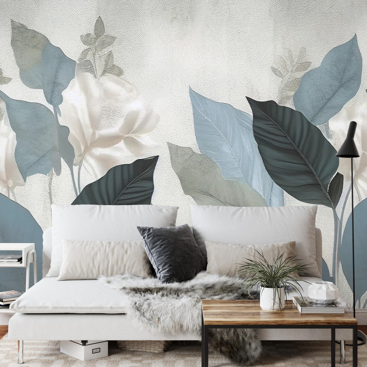 FOTOTAPETA Pre Obývaciu Izbu Modré Listy Betón Vintage Minimalistická 400 x 280 cm - sivá, papier (400/280cm) - Muralo