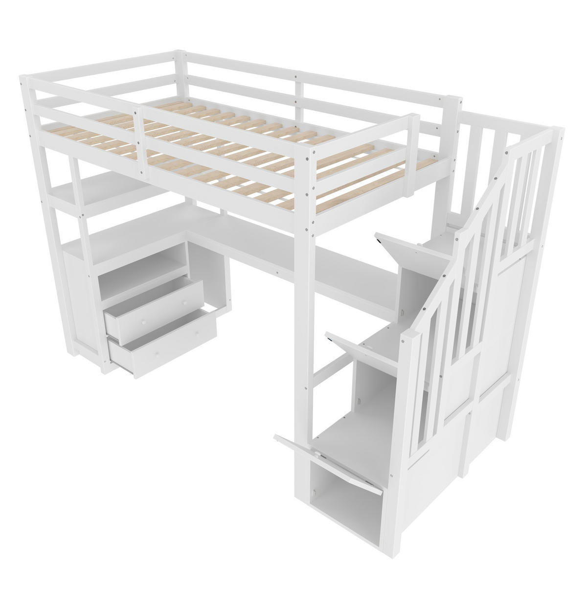 HOCHBETT aus Kiefer und MDF 90x200 cm Weiß mit Schreibtisch, Stauraumleiter, 2 Schubladen und Regalfächern - Weiß, Holzwerkstoff (90/200cm) - Modfu