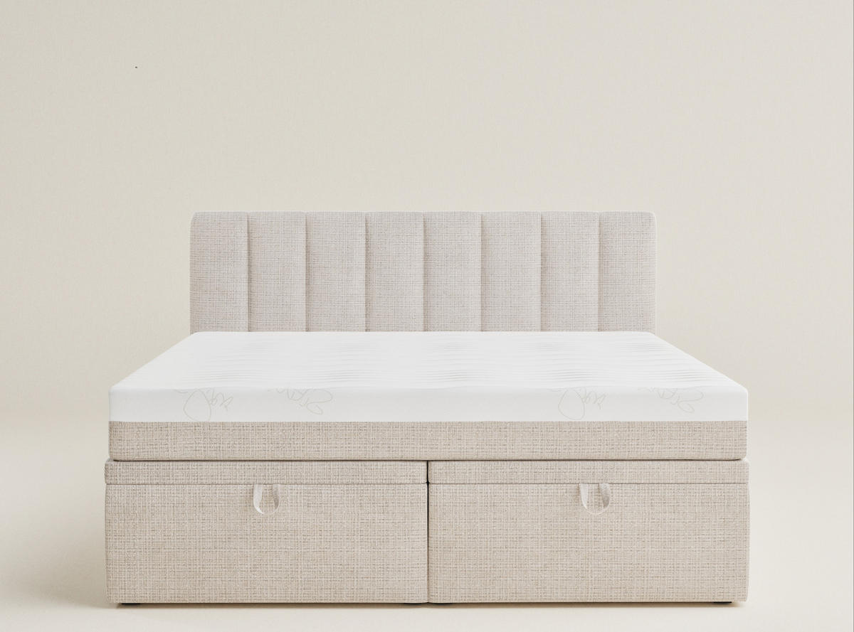 BOXBETT 140/200 cm Lovage S, in Creme, Matratze, gepolstertes Kopfteil, Bettkasten, H3 = fest - Creme/Schwarz, Holz/Holzwerkstoff (140/200cm) - Maison de Reve