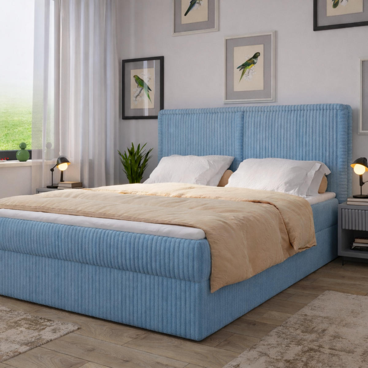 BOXBETT 04 180 x 200 cm - Ambience – Modernes Polsterbett mit Bettkasten, Topper und gepolstertem Kopfteil, Stoffbezug, Stauraumbett - Hellblau, Holz (180/200cm) - ROYAL24_MARKT