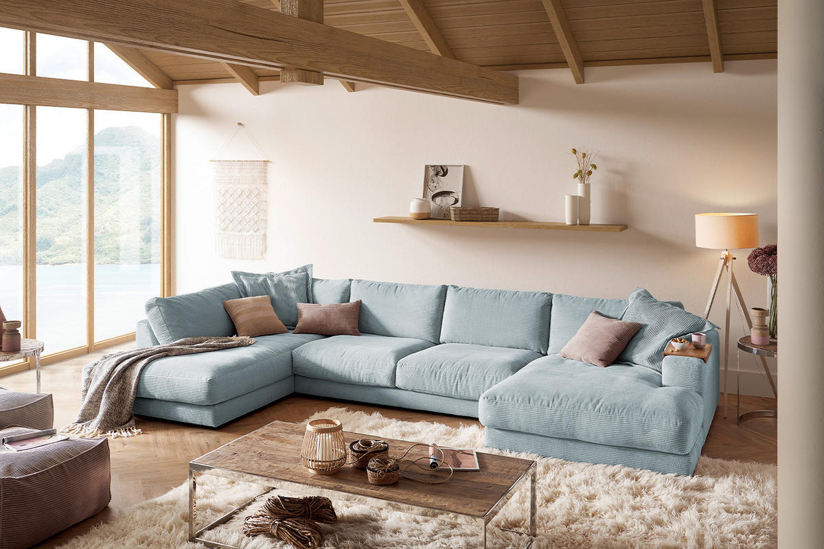 WOHNLANDSCHAFT MADELINE Hellblau Cord - Schwarz/Hellblau, Kunststoff/Textil (425/86/224cm) - KAWOLA