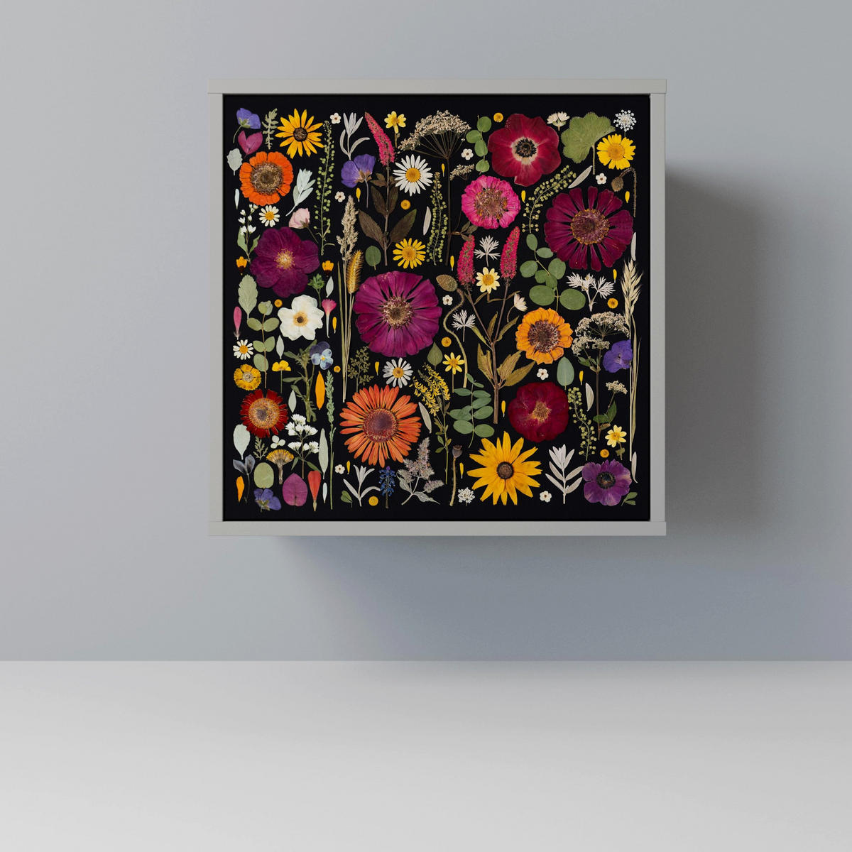 SIDEBOARD MIDNIGHT GARDEN, Grau, 57,5x42x72,5 cm, Schwarze Metallfüße - Multicolor/Schwarz, Holzwerkstoff/Metall (57.5/72.5/42cm) - SpaceRebels