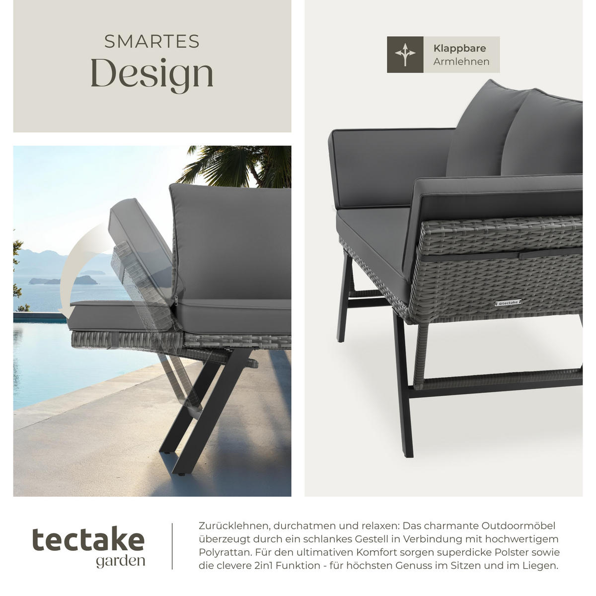 RATTAN-LOUNGESOFA Sintra,157 x 61 x 89 cm,grau - Grau, Kunststoff/Textil (157/89/61cm) - tectake