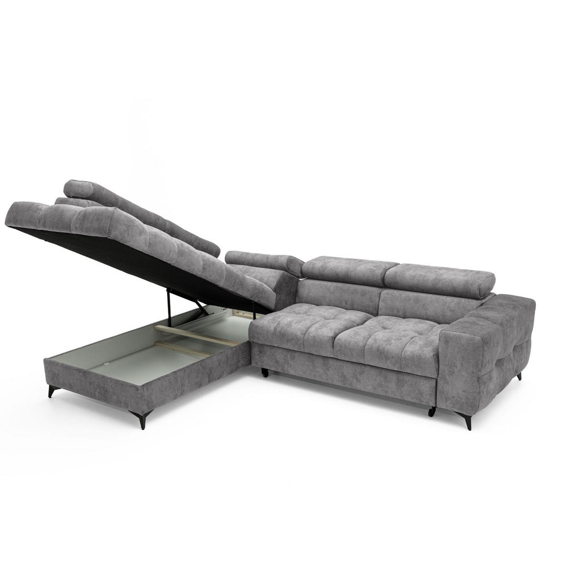 ECKSOFA PUDDING L Links mit Schlaffunktion 128x197 Velours Grau - Schwarz/Grau, Holz/Textil (270/204cm) - Muffo