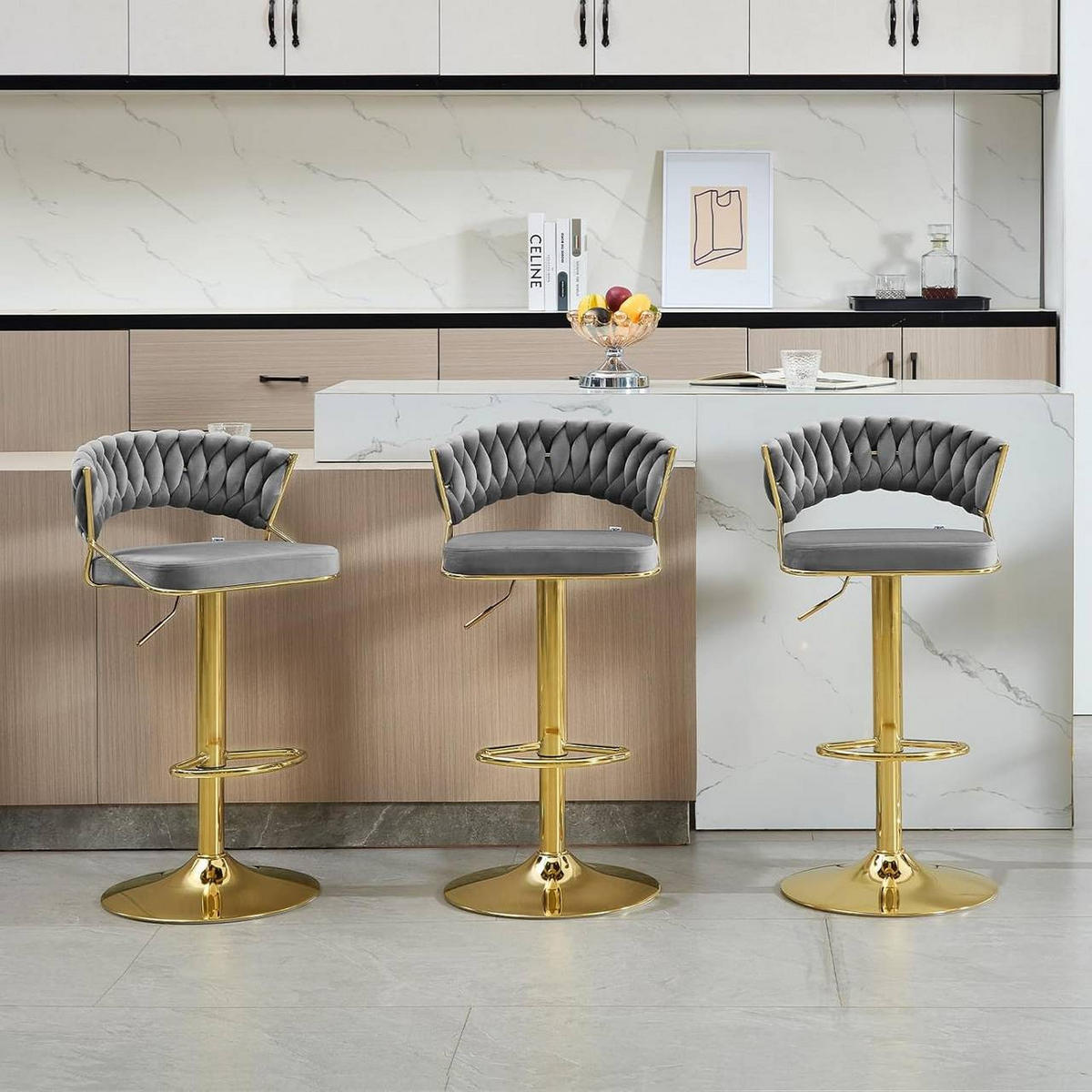 BARHOCKER 4er Set, mit geflochtener Rückenlehne, Samt, Dunkelgrau - Dunkelgrau/Goldfarben, Textil/Metall (48/83/46.5cm) - Woltu