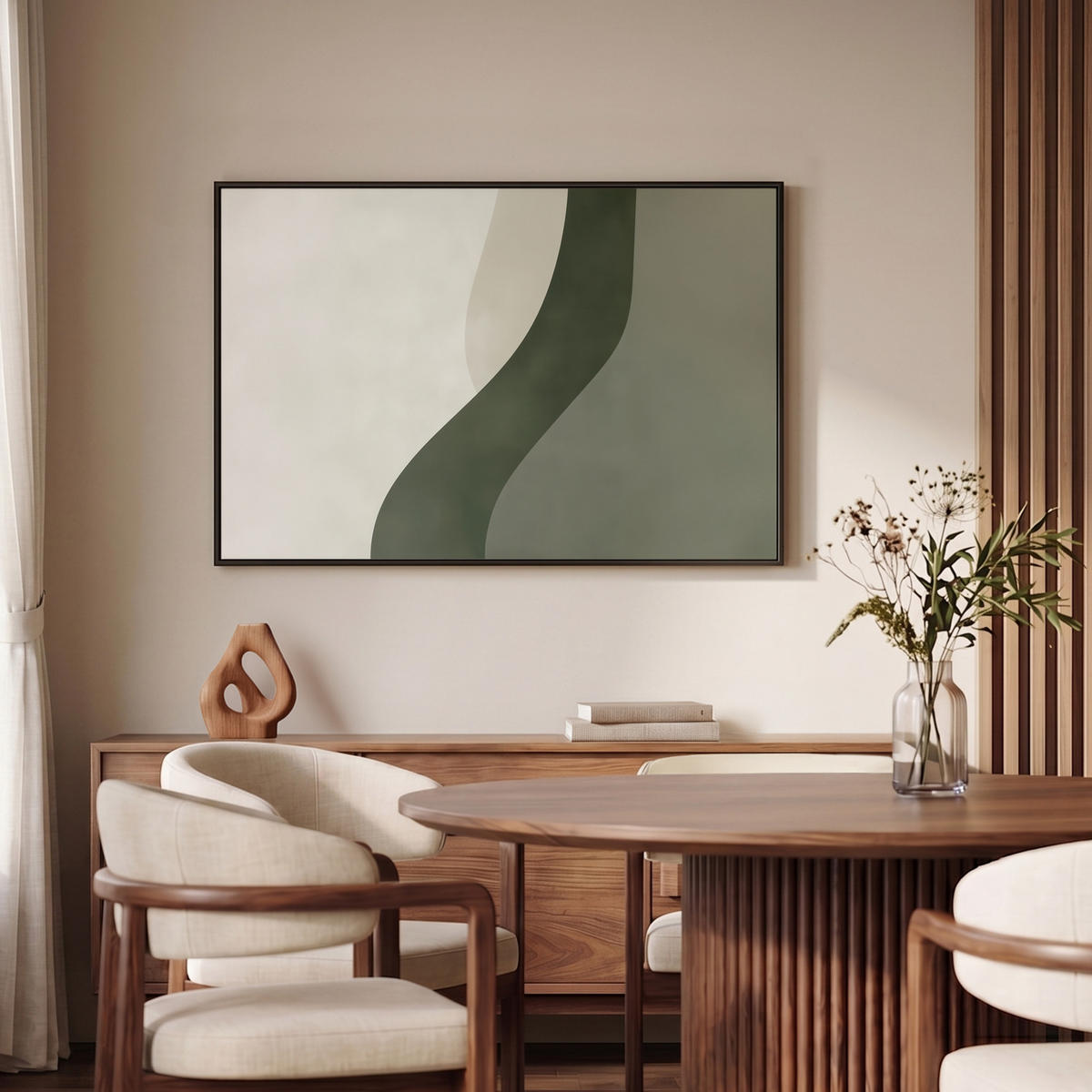 LEINWAND Bilder mit Rahmen - Japandi - Grün - Abstrakt - Modern - 90x60 - Salbeigrün, Textil (90/60cm) - MuchoWow