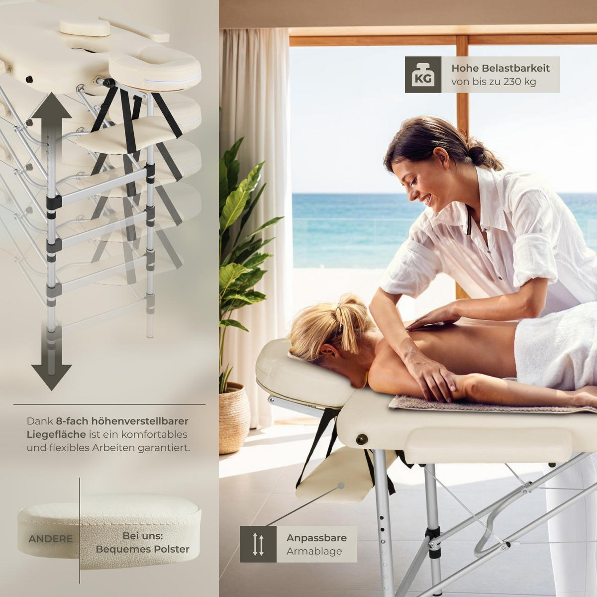 MASSAGELIEGE 2 Zonen, 210 x 95 x 89 cm,beige - Beige, Metall (60/89/205cm) - tectake
