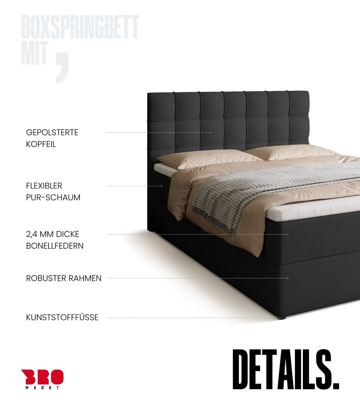 BOXBETT Detroit mit Topper 140/200 Anthrazit - Anthrazit, Holzwerkstoff/Textil (140/200cm) - Bromarkt