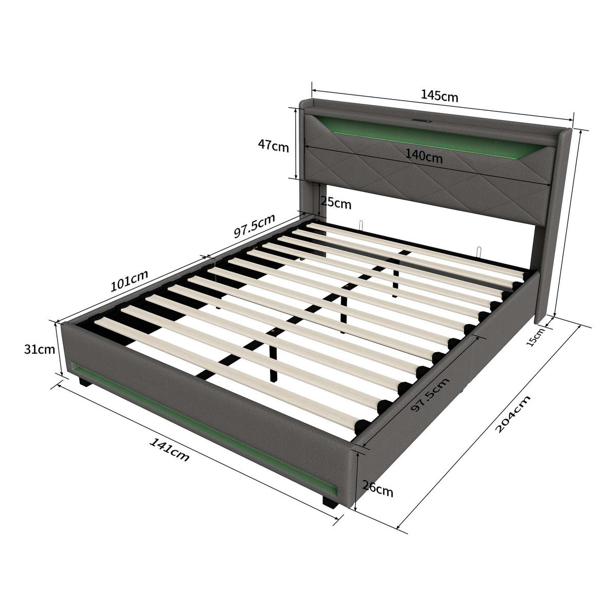 POLSTERBETT 140x190 GRAU LED - Grau, Holzwerkstoff (140/200cm) - SHOPENTRA