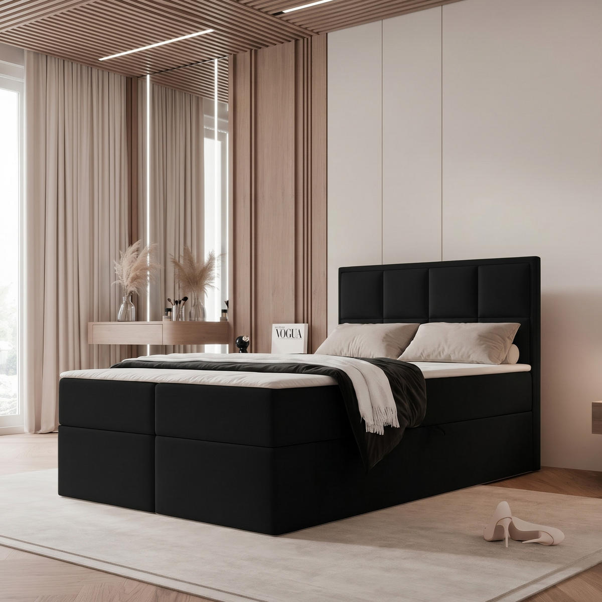 BOXBETT TIOLI 120x200 cm Schwarz (Stoff Magic Velvet) - mit Bettkasten, Bonellmatratze und Paneel-Kopfteil - Schwarz, Holzwerkstoff/Textil (120/200cm) - Ravio