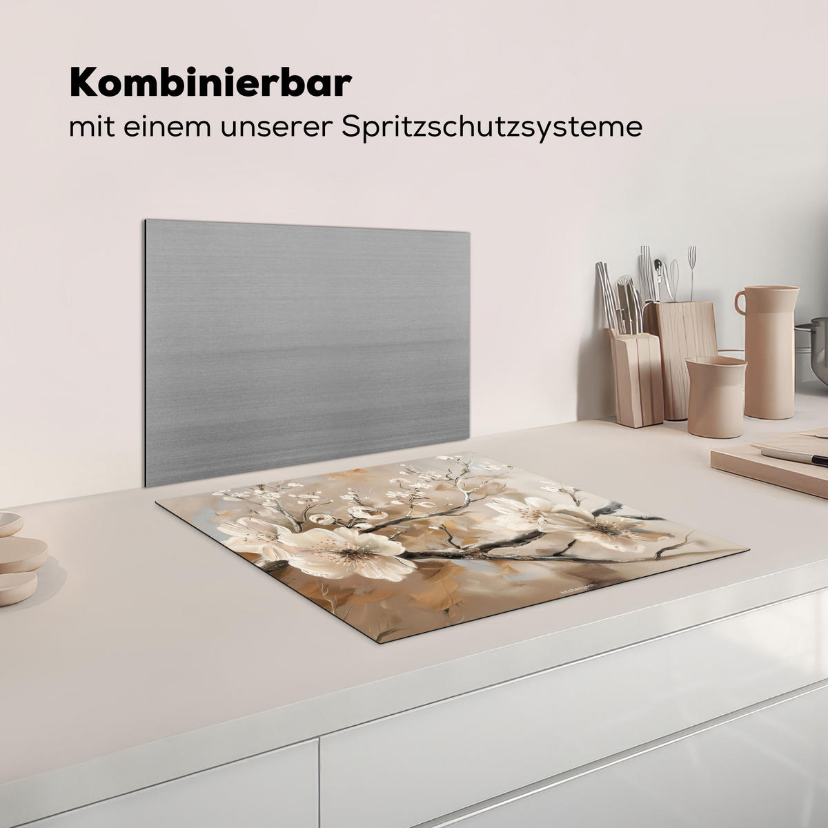 KRYT NA INDUKČNÍ DESKU Květiny - abstraktní - malované - béžové 59x52 cm - béžová, plast (59/52/0.2cm) - MuchoWow