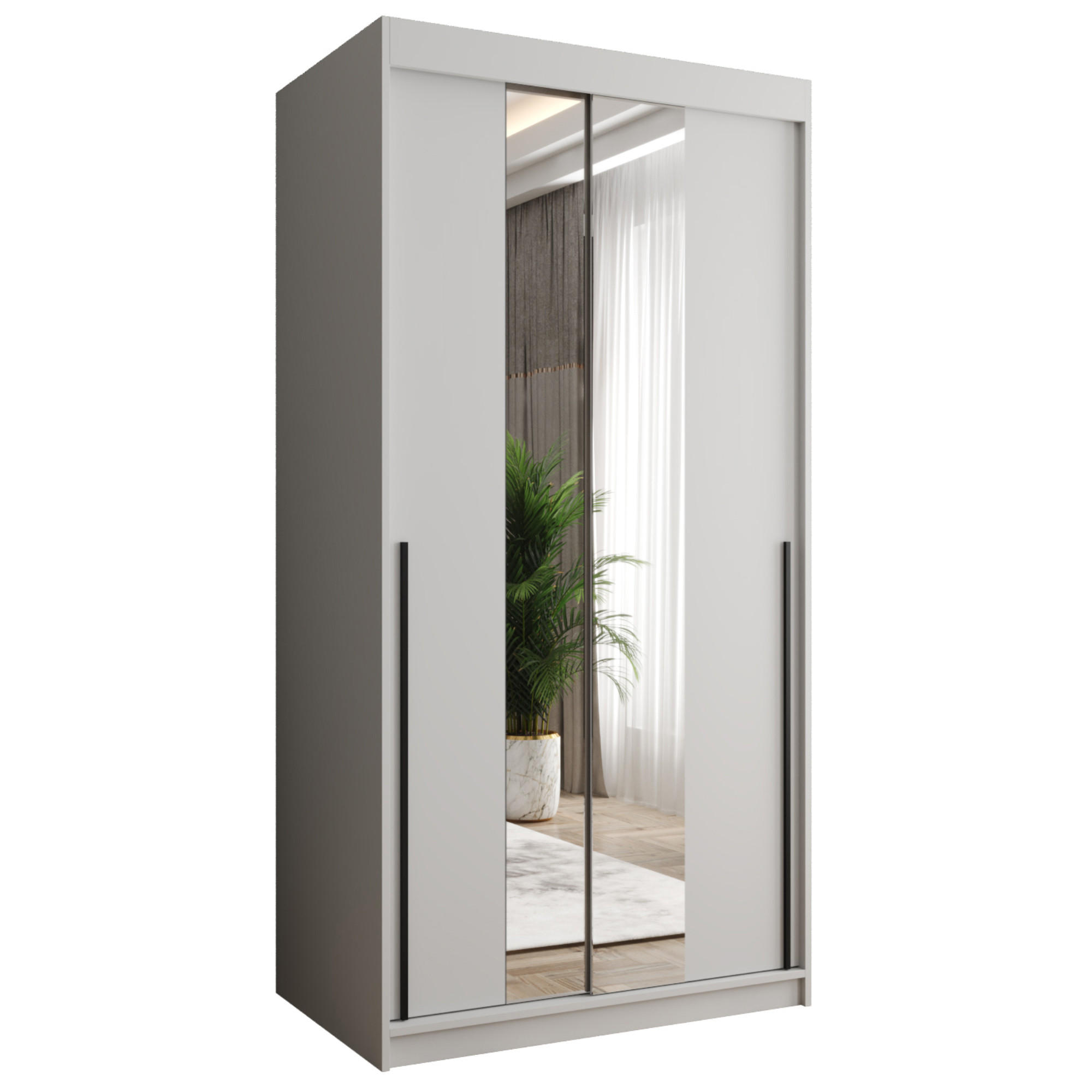 SCHIEBETÜRENSCHRANK mit Spiegel 100 cm Breite, weiß mit schwarzem Griff - Schwarz/Weiß, Holzwerkstoff (100/200/62cm) - Home Collective