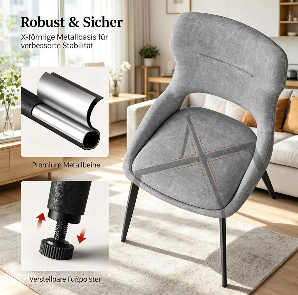 ESSSTUHL 6er-Set Grau mit Chenillebezug - Grau, Metall (40/86/43cm) - MIVRAY