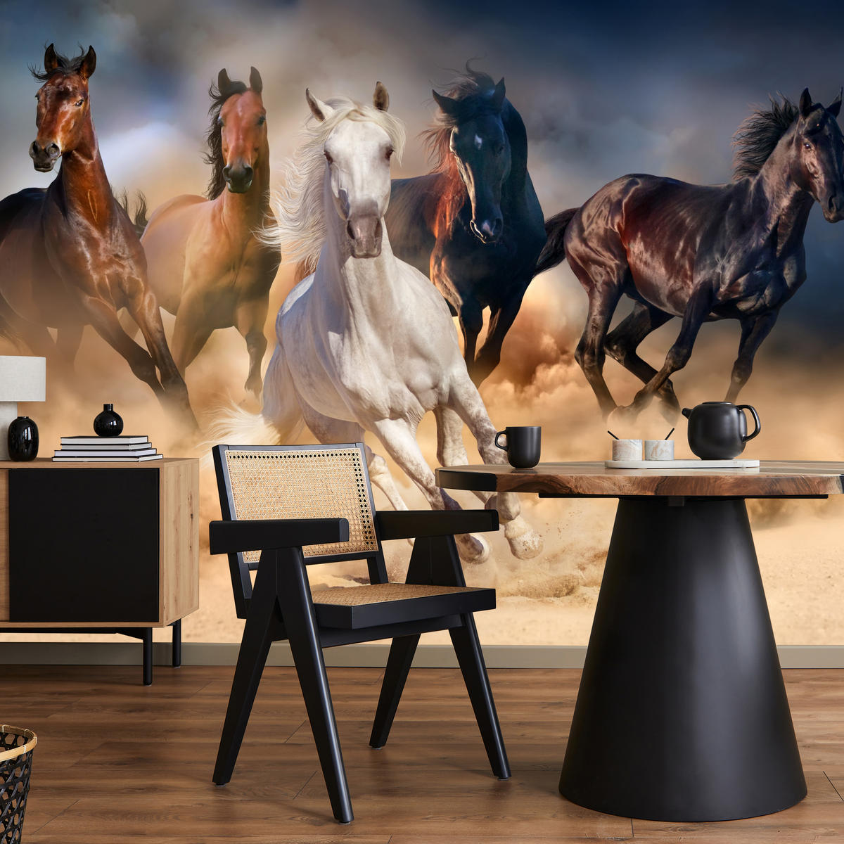 FOTOTAPETE für Schlafzimmer Galoppierende Pferde Wüste Herde 350x256 - Beige/Orange, Papier (350/256cm) - Muralo