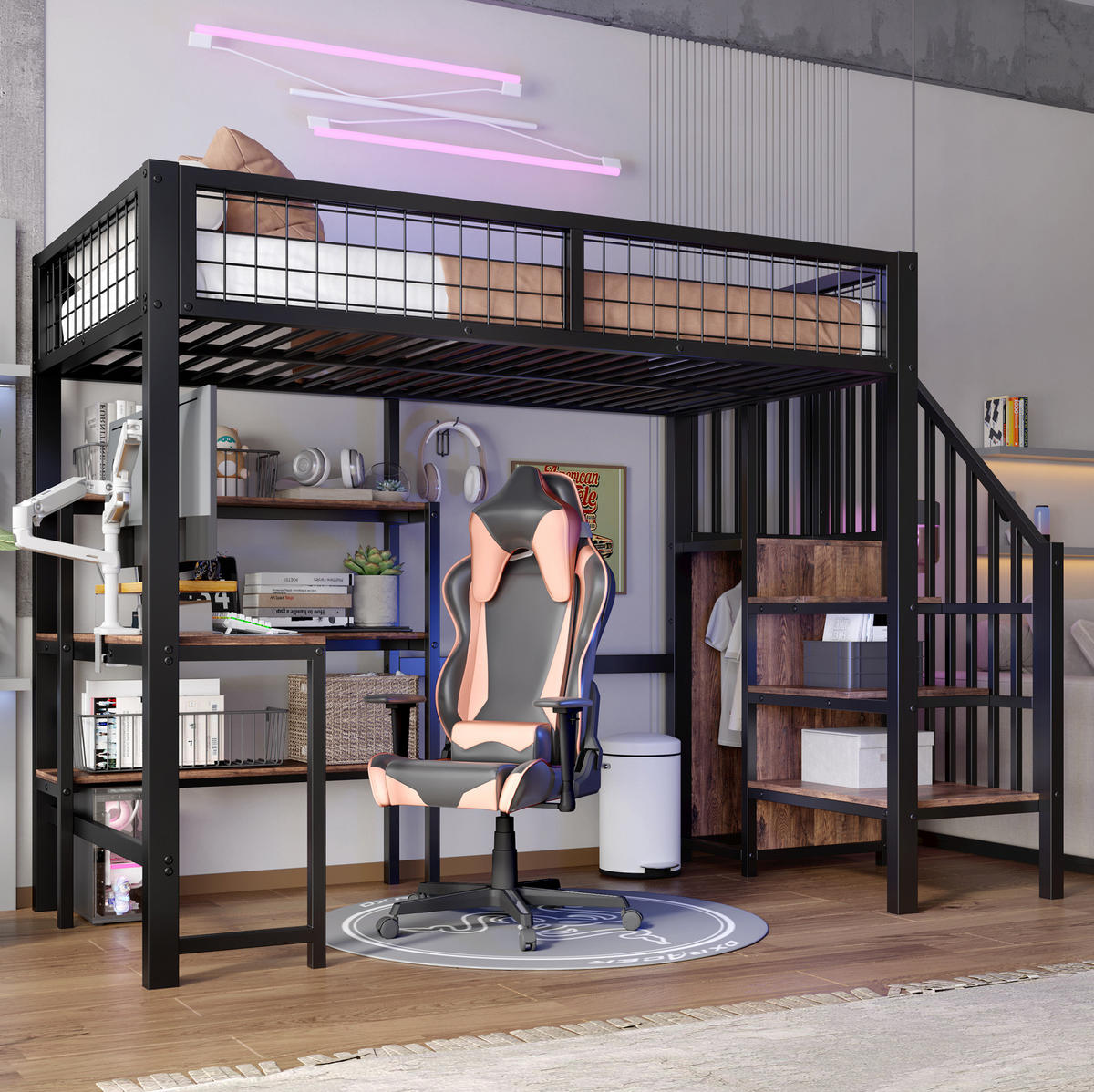 HOCHBETT aus Metall und MDF 90x200 cm Schwarz/Braun mit Schreibtisch, Regalen und Kleiderschrank - Schwarz, Holzwerkstoff (90/200cm) - IVMEU