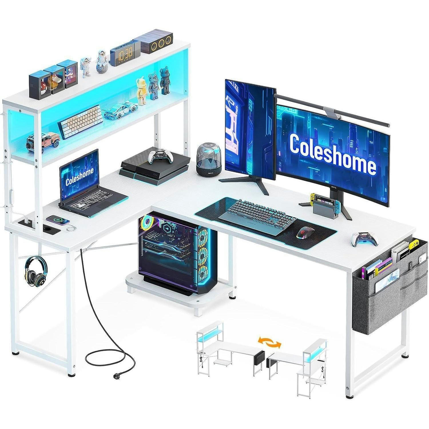 GAMING Tisch L-Form mit LED und Steckdosen 135 x 100 cm Weiß - Weiß, Holzwerkstoff (80/110/75.6cm)