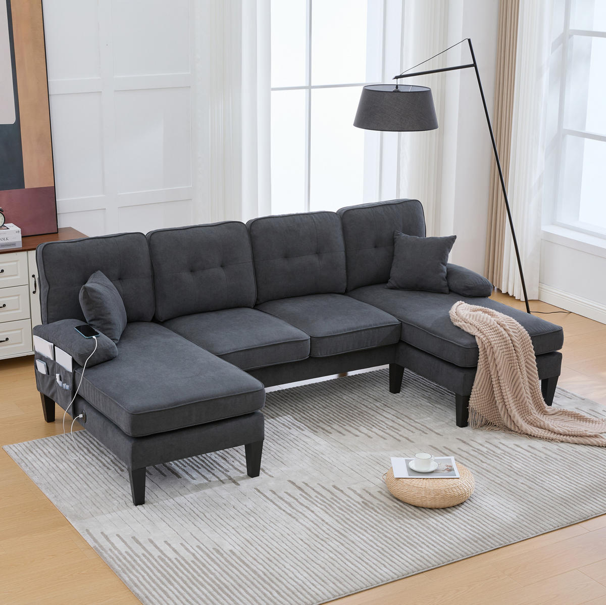 WOHNLANDSCHAFT aus Leinenstoff 250x130x88 cm in Dunkelgrau mit USB/Type-C - Dunkelgrau, Textil (130/88/250cm) - Modfu