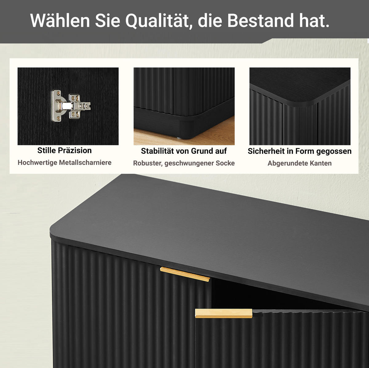 SIDEBOARD z MDF, 160/40/80 cm, černý, 4dveřový s úložným prostorem - černá, kompozitní dřevo (160/80/40cm) - BEAOK