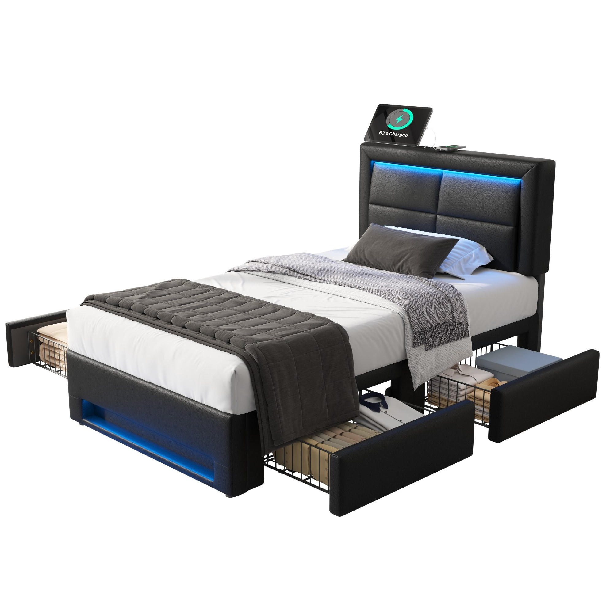 OKWISH ČALOUNĚNÁ postel 90/190 cm černá z PU s LED osvětlením USB nabíjením a 4 zásuvkami