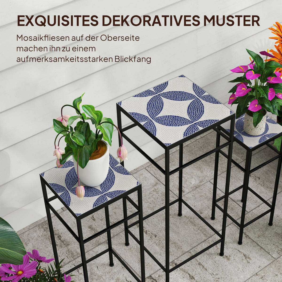 Pflanzenständer 3er Set Metall Fliesen Blau - Blau, Metall (28/71/28cm) - Outsunny