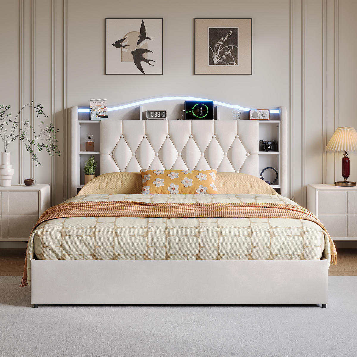 POLSTERBETT 160/200 cm mit Stauraum-Bettkasten, Ablagekopfteil mit Fächern, mehrfarbigem LED & USB, beiger Stoffbezug - Beige, Holz/Metall (160/200cm) - Joyfair
