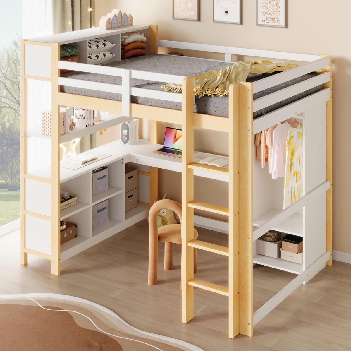 HOCHBETT 140/200 cm aus Kiefernholz mit Schreibtisch, Regalen Natur - Naturfarben, Holz (140/200cm) - OKMYHOME
