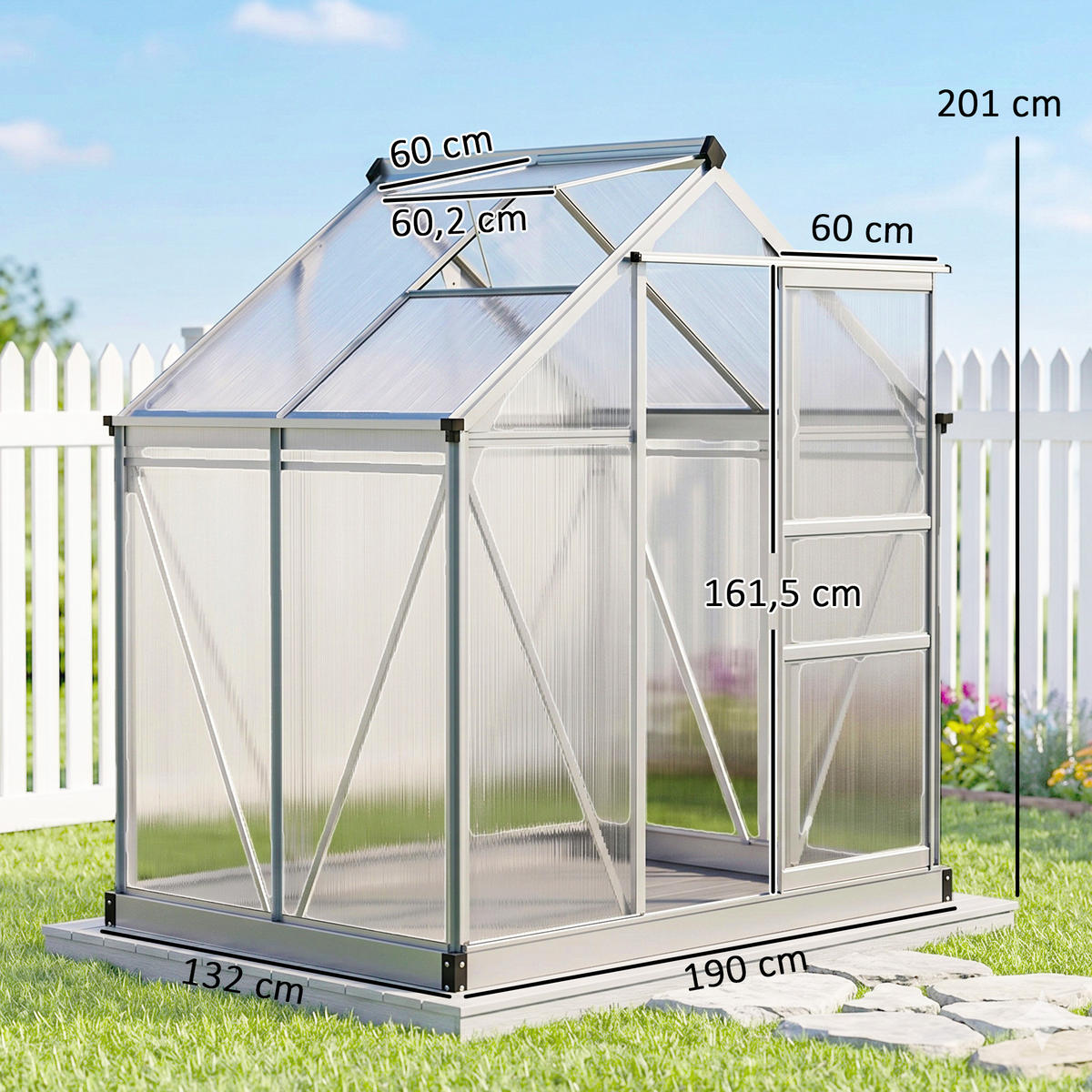GEWÄCHSHAUS Aluminiumlegierung Polycarbonat Silber - Silberfarben, Metall (132/201/190cm) - Outsunny