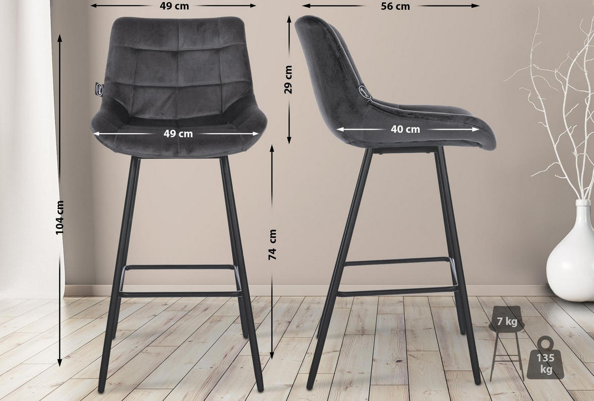 BARHOCKER Samt dunkelgrau - Dunkelgrau/Schwarz, Textil/Metall (49/104/56cm) - CLP