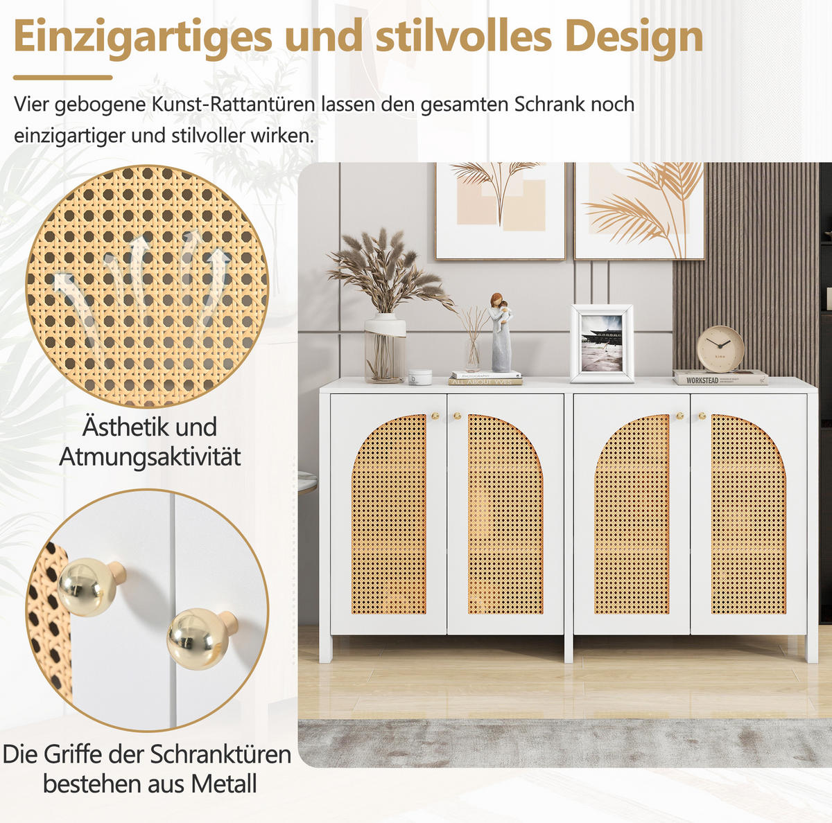 SIDEBOARD 145/80/40 cm Weiß aus MDF mit 4 Kunst-Rattantüren - Weiß, Holzwerkstoff (80/40/145cm) - OKMYHOME