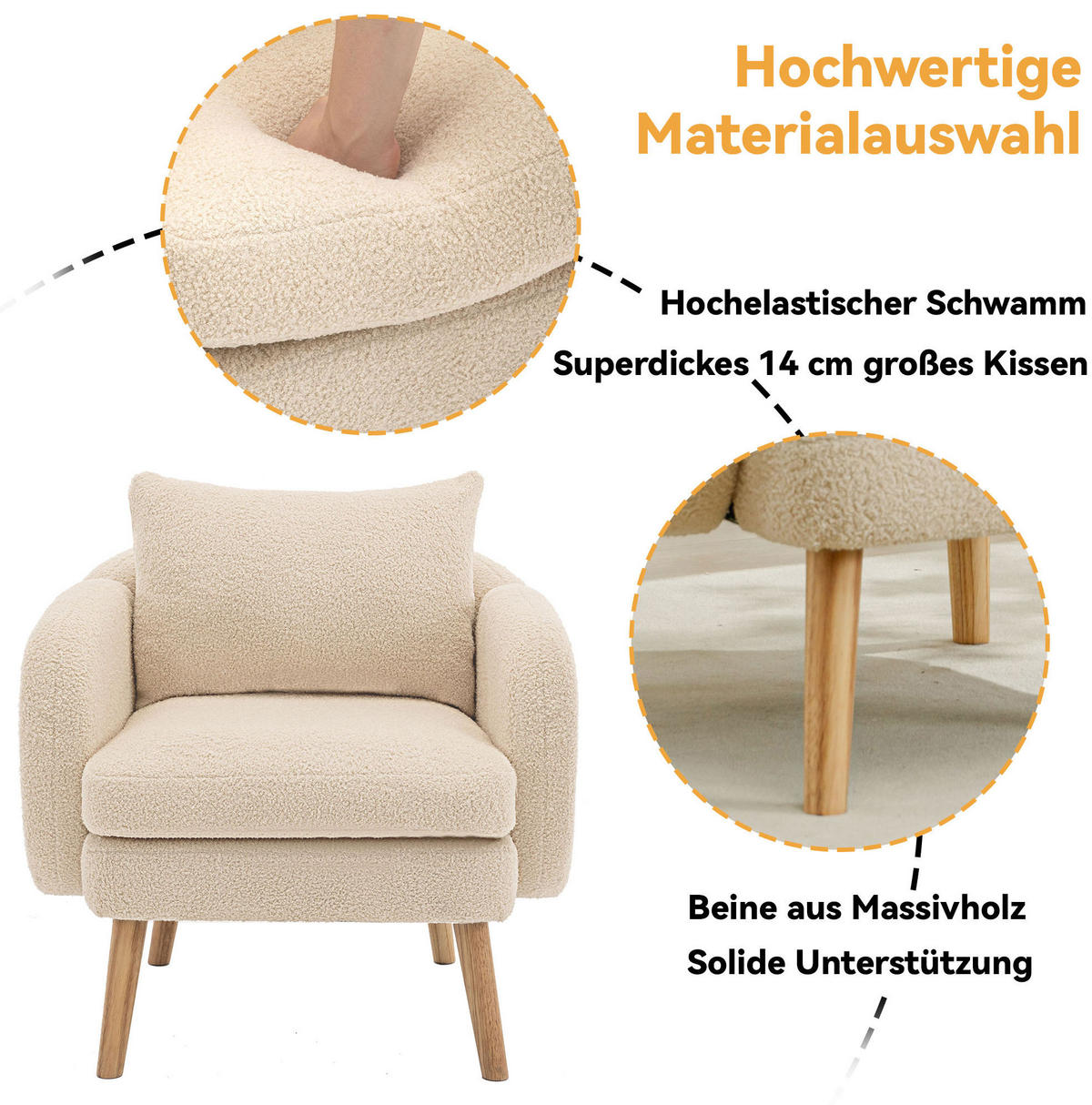 KŘESLO 71/72/71 cm béžové z teddy látky s polštářem a silným sedákem - béžová, textil (72/71/71cm) - OKWISH