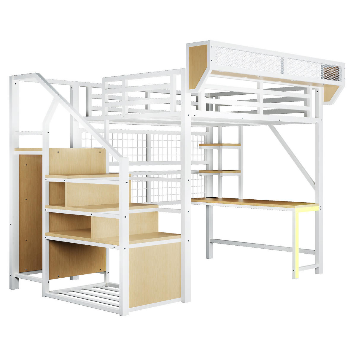 HOCHBETT 140/200 cm in Weiß mit Schreibtisch, Regal, LED und Steckdose - Weiß, Holzwerkstoff/Metall (140/200cm) - WISHDOR