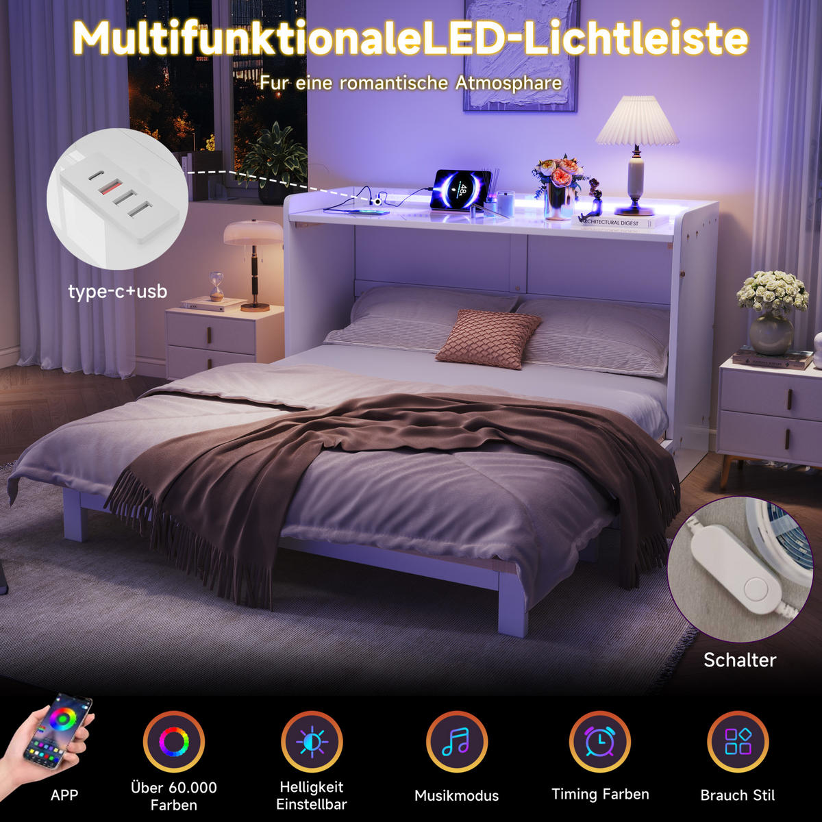BETT 140/200 cm in Weiß – klappbar mit Stauraum, LED-Beleuchtung und USB - Weiß, Holzwerkstoff (140/200cm) - BEAOK