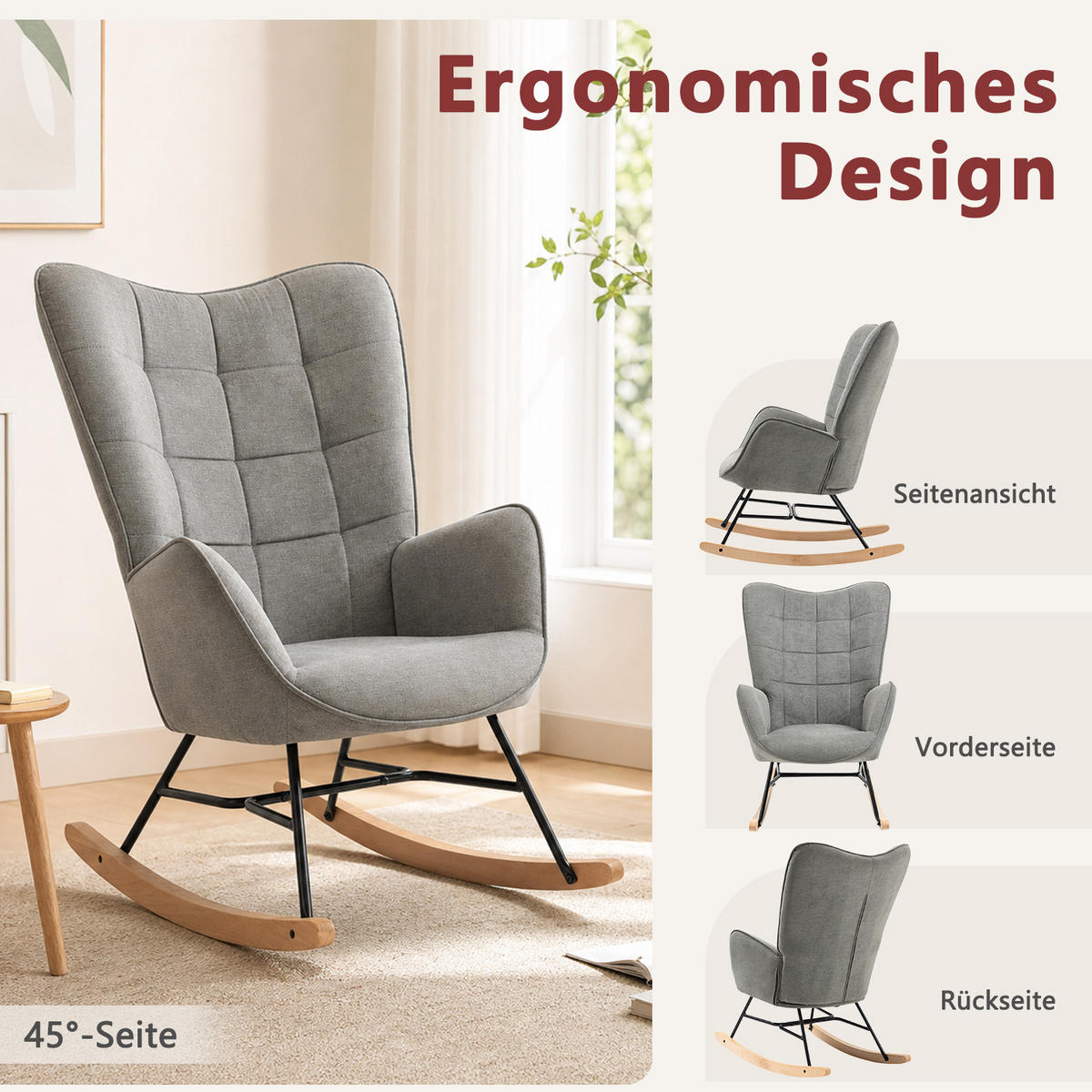 RELAXSESSEL für den Garten mit Schaukelfunktion, Ergonomische Sitzfläche aus weichem Stoff, Grau - Grau, Holz/Textil (66/97/84cm) - Meubles Cosy