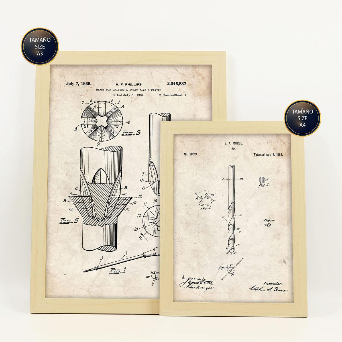 POSTER Set Mit 6 Mit Bauwerkzeuge 1 Patenten Im Vintage Stil A3 & A4 Rahmen Aus Hellem Holz - Beige, Papier (29/3cm) - Nacnic